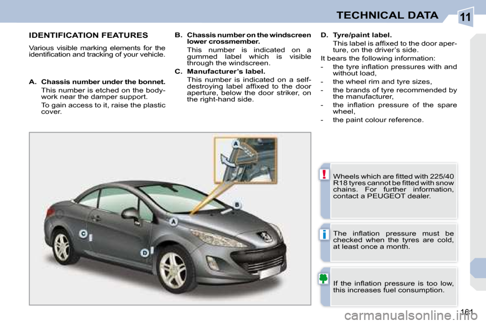 Peugeot 308 CC 2008.5  Owners Manual 11
!
i
161
TECHNICAL DATA
                   IDENTIFICATION FEATURES 
 Various  visible  marking  elements  for  the  
�i�d�e�n�t�i�ﬁ� �c�a�t�i�o�n� �a�n�d� �t�r�a�c�k�i�n�g� �o�f� �y�o�u�r� �v�e�h�