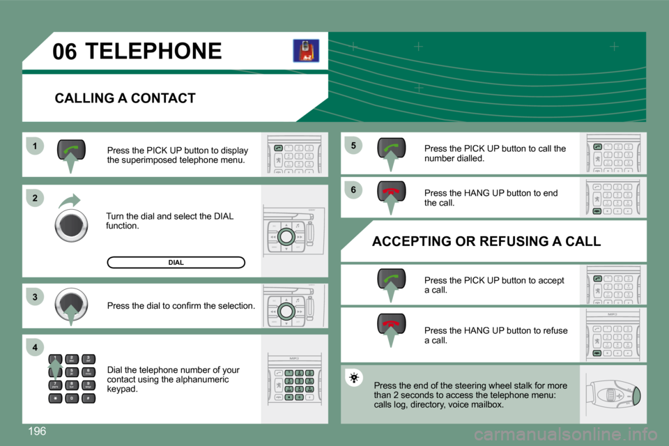 Peugeot 308 CC 2008.5  Owners Manual 196
ESC
MENU LIST
ESC
MENU LIST
06
11
22
33
44
66
55
  TELEPHONE  
   CALLING A CONTACT 
 Turn the dial and select the DIAL function. 
 Press the PICK UP button to display the superimposed telephone m