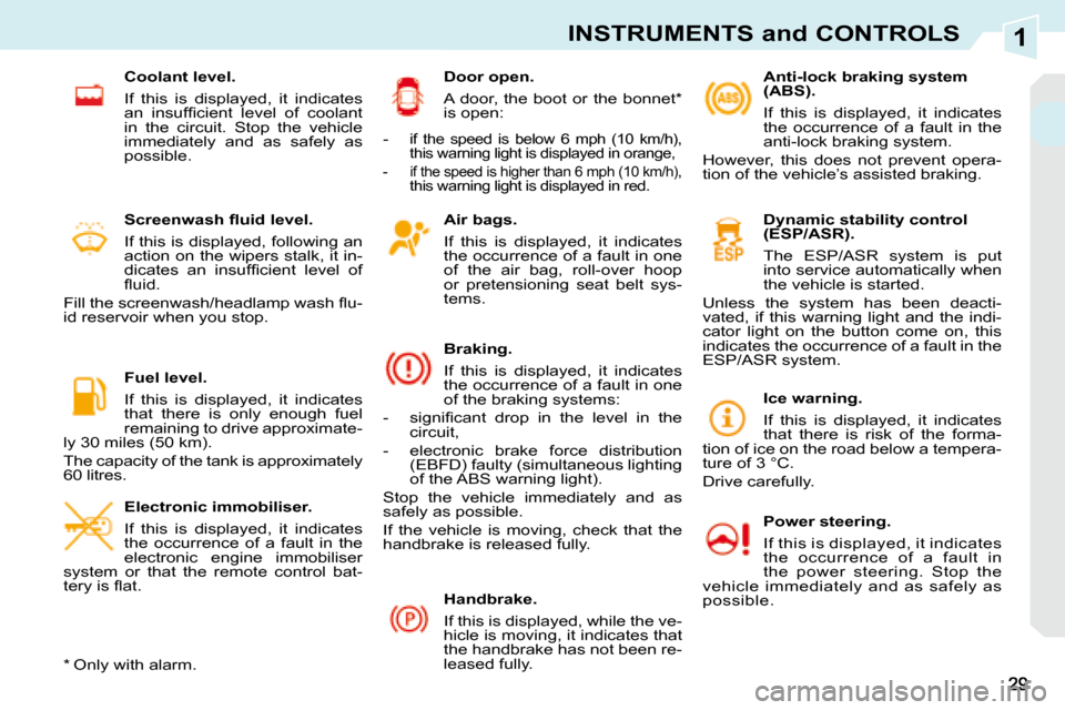 Peugeot 308 CC 2008.5  Owners Manual 1INSTRUMENTS and CONTROLS
  Air bags.  
  If  this  is  displayed,  it  indicates  
the occurrence of a fault in one 
of  the  air  bag,  roll-over  hoop 
or  pretensioning  seat  belt  sys-
tems.   
