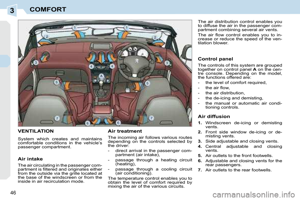 Peugeot 308 CC 2008.5  Owners Manual 3
46
COMFORT
       VENTILATION 
 System  which  creates  and  maintains  
comfortable  conditions  in  the  vehicle’s 
passenger compartment.   Air treatment  
 The incoming air follows various rou