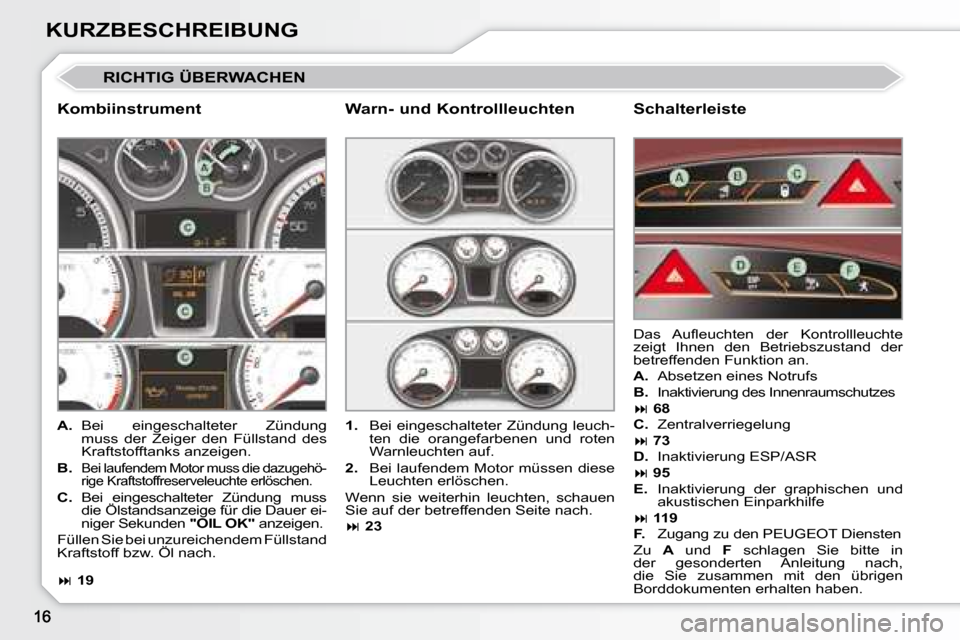 Peugeot 308 CC 2008.5  Betriebsanleitung (in German) KURZBESCHREIBUNG
 RICHTIG ÜBERWACHEN 
  Kombiinstrument   Schalterleiste 
   
A.    Bei  eingeschalteter  Zündung 
muss  der  Zeiger  den  Füllstand  des  
Kraftstofftanks anzeigen. 
  
B.   
Bei l