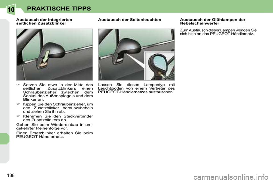 Peugeot 308 CC 2008.5  Betriebsanleitung (in German) 10
�1�3�8
PRAKTISCHE TIPPS
  Austausch der integrierten  
seitlichen Zusatzblinker  
   
� � �  �S�e�t�z�e�n�  �S�i�e�  �e�t�w�a�  �i�n�  �d�e�r�  �M�i�t�t�e�  �d�e�s� 
�s�e�i�t�l�i�c�h�e�n�  �Z�u�