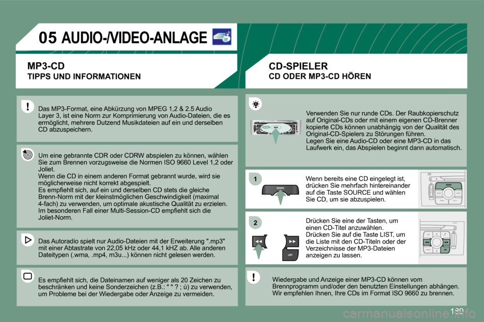 Peugeot 308 CC 2008.5  Betriebsanleitung (in German) �1�8�9
05
11
22
          AUDIO-/VIDEO-ANLAGE  
   TIPPS UND INFORMATIONEN 
� �D�a�s� �M�P�3�-�F�o�r�m�a�t�,� �e�i�n�e� �A�b�k�ü�r�z�u�n�g� �v�o�n� �M�P�E�G� �1�,�2� �&� �2�.�5� �A�u�d�i�o� �L�a�y�e�