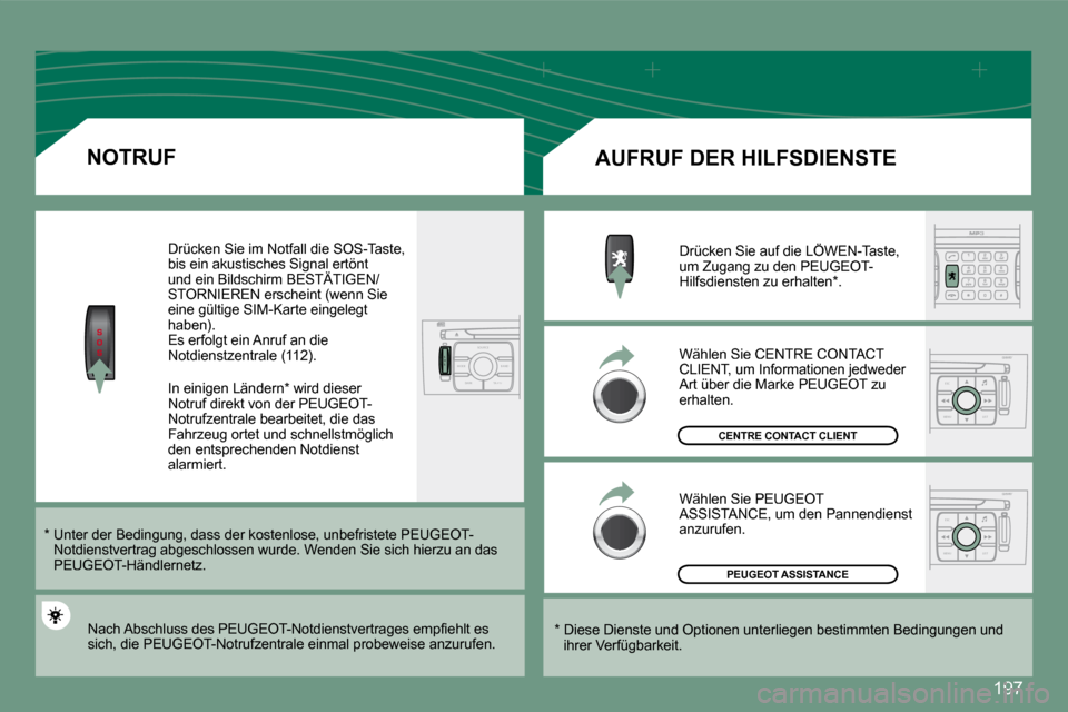 Peugeot 308 CC 2008.5  Betriebsanleitung (in German) �1�9�7
S
O SSOU R CE
MODE B AND TP T
A Y
DARK
ESC
MENU LIST
ESC
MENU LIST
   NOTRUF 
� � � �*� � � � �U�n�t�e�r� �d�e�r� �B�e�d�i�n�g�u�n�g�,� �d�a�s�s� �d�e�r� �k�o�s�t�e�n�l�o�s�e�,� �u �n�b�e�f�r�i