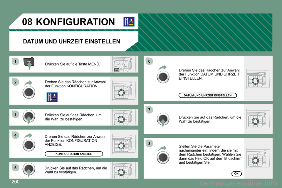 Peugeot 308 CC 2008.5  Betriebsanleitung (in German) �2�0�0
ESC
MENU LIST
ESC
MENU LIST
ESC
MENU LIST
ESC
MENU LIST
MENU
ESC
MENU LIST
ESC
MENU LIST
ESC
MENU LIST
08
11
22
33
44
77
88
66
55
        KONFIGURATION  
   DATUM UND UHRZEIT EINSTELLEN 
� �D�r