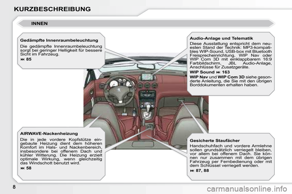 Peugeot 308 CC 2008.5  Betriebsanleitung (in German) KURZBESCHREIBUNG  Gedämpfte Innenraumbeleuchtung  
 Die  gedämpfte  Innenraumbeleuchtung  
sorgt bei geringer Helligkeit für bessere 
Sicht im Fahrzeug.  
  
 
�   85    
  AIRWAVE-Nackenheizung