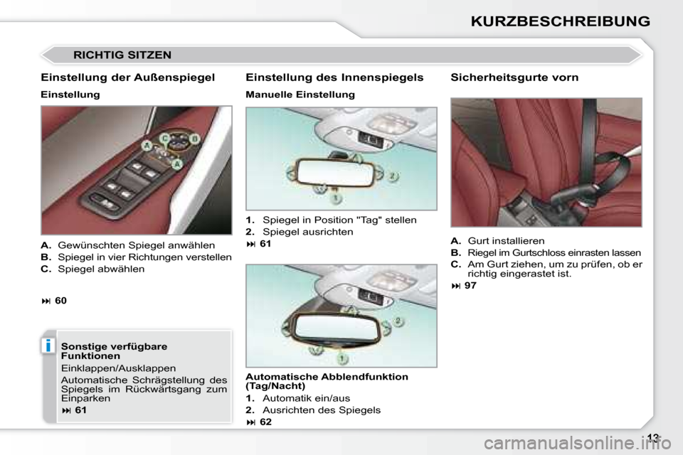 Peugeot 308 CC 2008.5  Betriebsanleitung (in German) i
KURZBESCHREIBUNG
 RICHTIG SITZEN 
  Einstellung der Außenspiegel  
  Einstellung    Sonstige verfügbare  
Funktionen  
 Einklappen/Ausklappen  
 Automatische  Schrägstellung  des  
Spiegels  im  