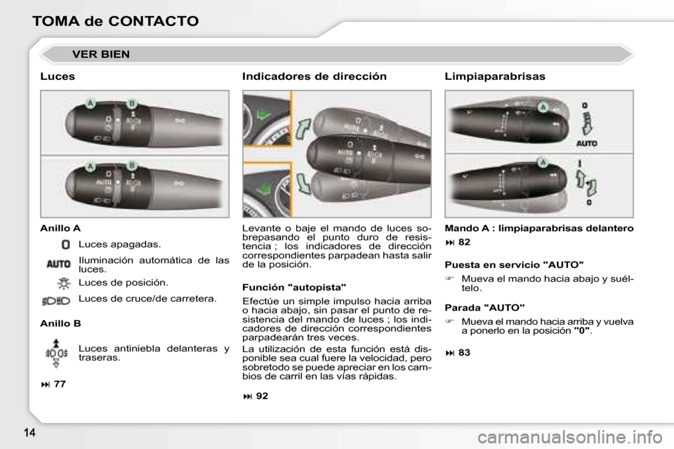 Peugeot 308 CC 2008.5  Manual del propietario (in Spanish) TOMA de CONTACTO
� �V�E�R� �B�I�E�N� 
  Luces  
  Anillo A  
  Anillo B � �L�e�v�a�n�t�e�  �o�  �b�a�j�e�  �e�l�  �m�a�n�d�o�  �d�e�  �l�u�c�e�s�  �s�o�- 
brepasando  el  punto  duro  de  resis-
tenci