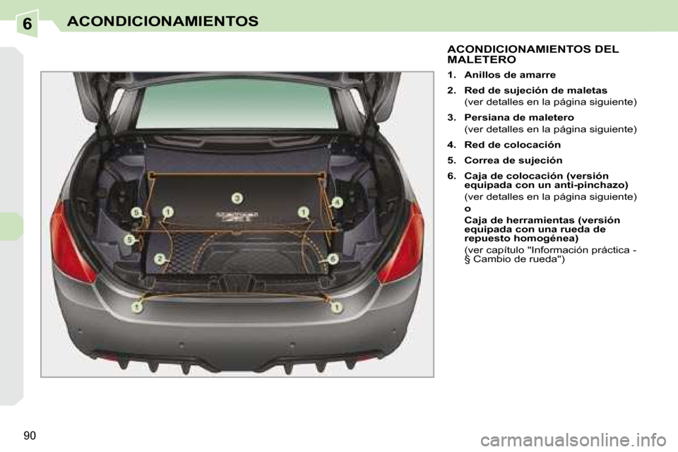 Peugeot 308 CC 2008.5  Manual del propietario (in Spanish) 6
90
ACONDICIONAMIENTOS
           ACONDICIONAMIENTOS DEL MALETERO 
   
1.     Anillos de amarre   
  
2.     Red de sujeción de maletas     
  (ver detalles en la página siguiente)  
  
3.     Pers