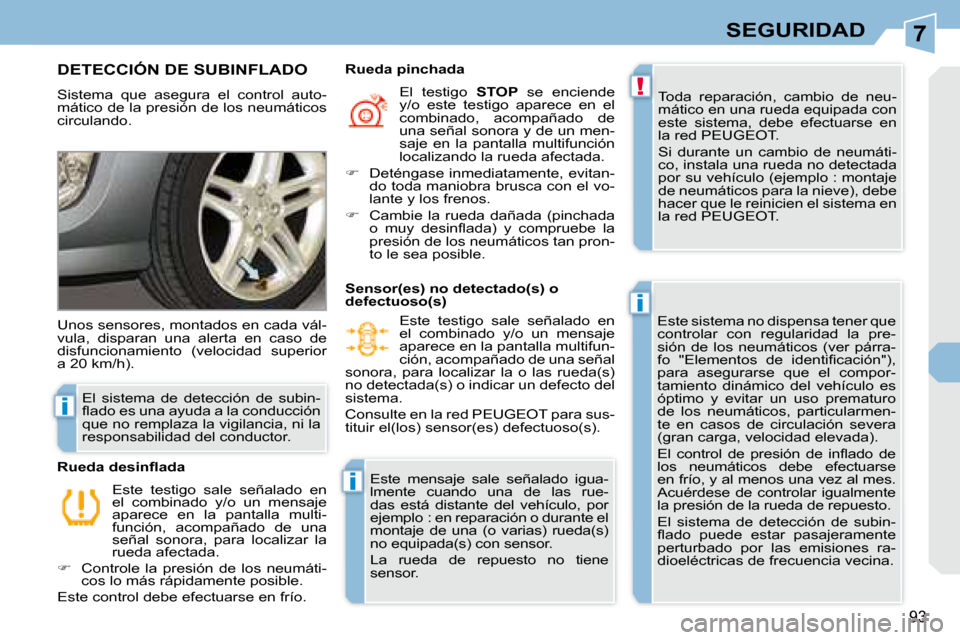 Peugeot 308 CC 2008.5  Manual del propietario (in Spanish) 7
!
i
i
i
93
SEGURIDAD
DETECCIÓN DE SUBINFLADO 
 Sistema  que  asegura  el  control  auto- 
mático de la presión de los neumáticos 
circulando.  Toda  reparación,  cambio  de  neu-
mático en una