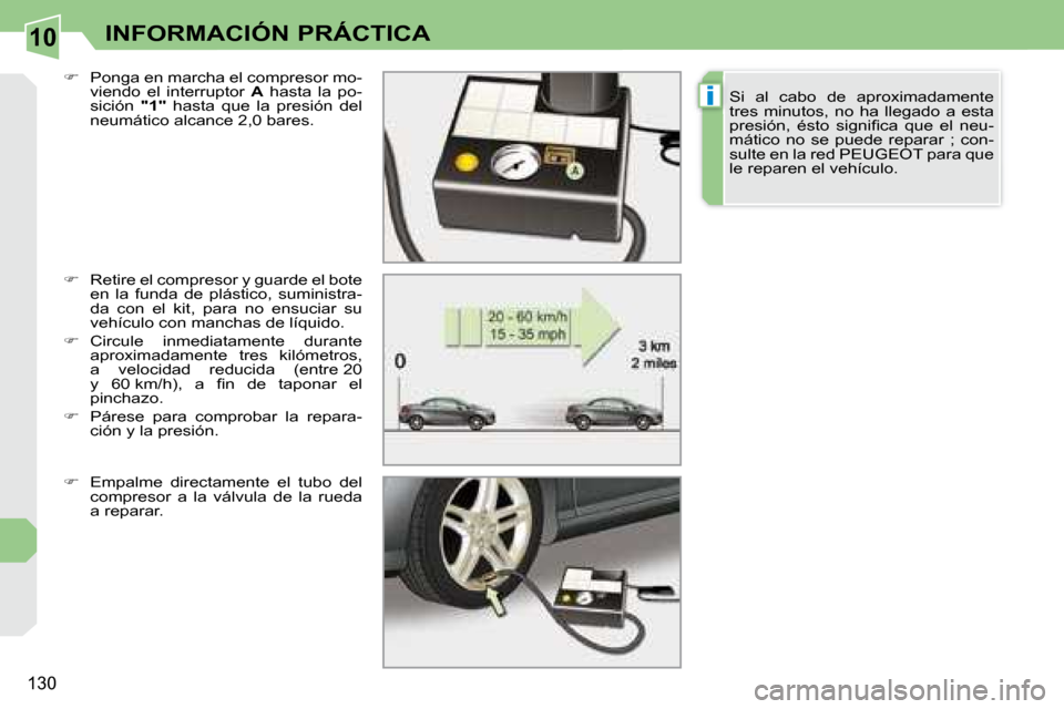 Peugeot 308 CC 2008.5  Manual del propietario (in Spanish) 10
i
130
INFORMACIÓN PRÁCTICA
  
�    Retire el compresor y guarde el bote 
en  la  funda  de  plástico,  suministra- 
da  con  el  kit,  para  no  ensuciar  su 
vehículo con manchas de líquid