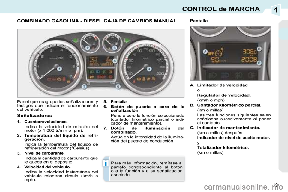 Peugeot 308 CC 2008.5  Manual del propietario (in Spanish) 1
i
19
CONTROL de MARCHA
COMBINADO GASOLINA - DIESEL CAJA DE CAMBIOS MANUAL 
 Panel que reagrupa los señalizadores y  
testigos  que  indican  el  funcionamiento 
del vehículo.   
5.      Pantalla. 