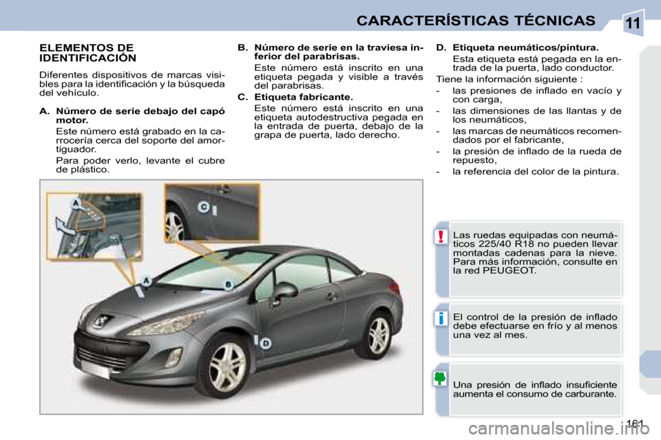 Peugeot 308 CC 2008.5  Manual del propietario (in Spanish) 11
!
i
161
CARACTERÍSTICAS TÉCNICAS
                   ELEMENTOS DE IDENTIFICACIÓN 
 Diferentes  dispositivos  de  marcas  visi- 
�b�l�e�s� �p�a�r�a� �l�a� �i�d�e�n�t�i�ﬁ� �c�a�c�i�ó�n� �y� �l�a