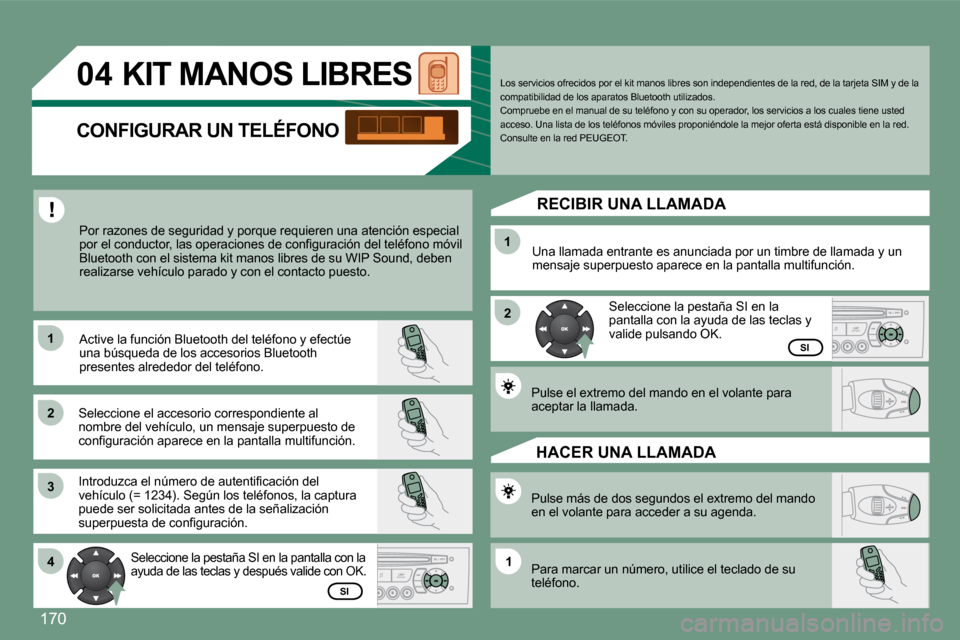 Peugeot 308 CC 2008.5  Manual del propietario (in Spanish) �1�7�0
11
04
11
22
33
44
22
11
        KIT MANOS LIBRES  
� � � �P�o�r� �r�a�z�o�n�e�s� �d�e� �s�e�g�u�r�i�d�a�d� �y� �p�o�r�q�u�e� �r�e�q�u�i�e�r�e�n� �u�n�a� �a�t�e�n�c�i�ó�n� �e�s�p�e�c�i�a�l� �p�