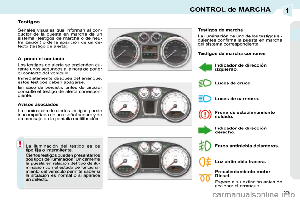 Peugeot 308 CC 2008.5  Manual del propietario (in Spanish) 1
!
23
CONTROL de MARCHA
 La  iluminación  del  testigo  es  de  
�t�i�p�o� �ﬁ� �j�a� �o� �i�n�t�e�r�m�i�t�e�n�t�e�.�  
 Ciertos testigos pueden presentar los  
dos tipos de iluminación. Únicamen