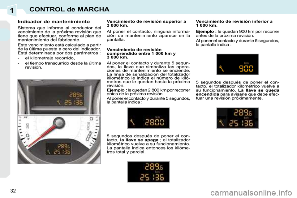 Peugeot 308 CC 2008.5  Manual del propietario (in Spanish) 1
32
CONTROL de MARCHA
  Indicador de mantenimiento  
 Sistema  que  informa  al  conductor  del  
vencimiento de la próxima revisión que 
tiene que efectuar, conforme al plan de 
mantenimiento del 