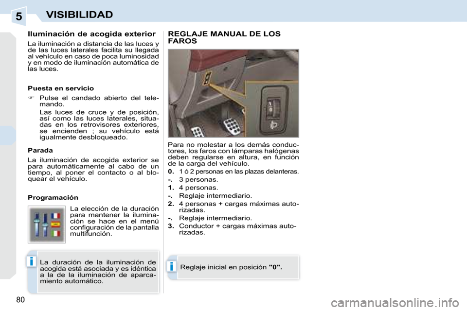 Peugeot 308 CC 2008.5  Manual del propietario (in Spanish) 5
ii
80
VISIBILIDAD
  Iluminación de acogida exterior  
 La iluminación a distancia de las luces y  
de  las  luces  laterales  facilita  su  llegada 
al vehículo en caso de poca luminosidad 
y en 