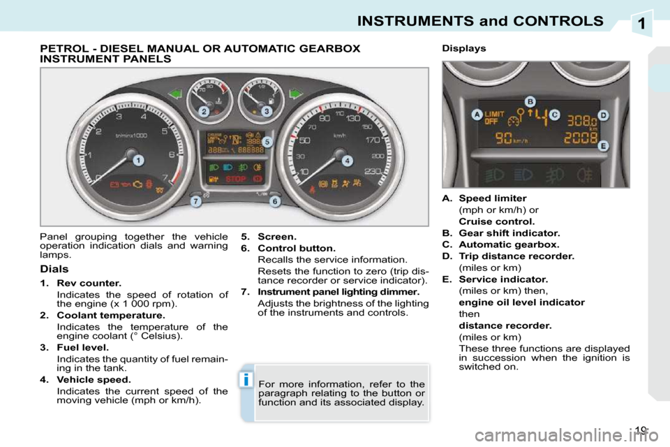 Peugeot 308 CC Dag 2010.5  Owners Manual 1
i
19
INSTRUMENTS and CONTROLS
PETROL - DIESEL MANUAL OR AUTOMATIC GEARBOX INSTRUMENT PANELS 
 Panel  grouping  together  the  vehicle  
operation  indication  dials  and  warning 
lamps.   
5.     S