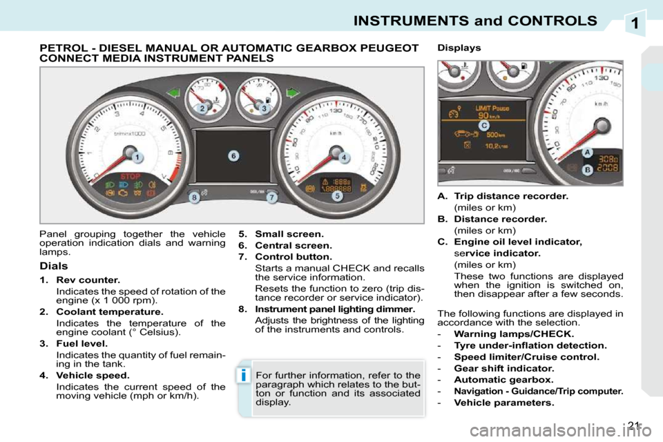 Peugeot 308 CC Dag 2010.5  Owners Manual 1
i
21
INSTRUMENTS and CONTROLS
             PETROL - DIESEL MANUAL OR AUTOMATIC GEARBOX PEUGEOT CONNECT MEDIA INSTRUMENT PANELS 
 Panel  grouping  together  the  vehicle  
operation  indication  dial