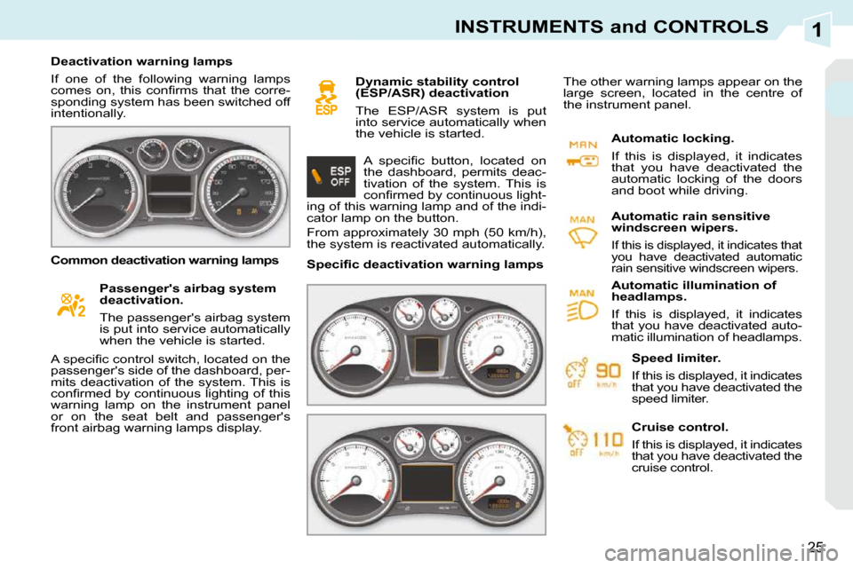 Peugeot 308 CC Dag 2010.5  Owners Manual 1
25
INSTRUMENTS and CONTROLS
   Deactivation warning lamps  
 If  one  of  the  following  warning  lamps  
�c�o�m�e�s�  �o�n�,�  �t�h�i�s�  �c�o�n�ﬁ� �r�m�s�  �t�h�a�t�  �t�h�e�  �c�o�r�r�e�-
spon