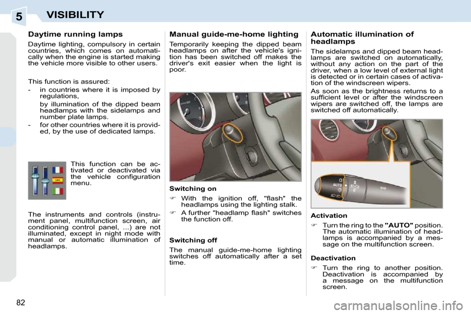 Peugeot 308 CC Dag 2010.5 Manual Online 5
82
VISIBILITY
      Manual guide-me-home lighting  
 Temporarily  keeping  the  dipped  beam  
headlamps  on  after  the  vehicles  igni-
tion  has  been  switched  off  makes  the 
drivers  exit 