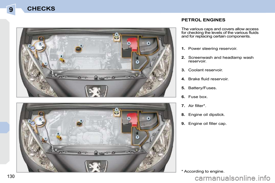 Peugeot 308 CC Dag 2009.5  Owners Manual 9
130
CHECKS
           PETROL ENGINES 
 The various caps and covers allow access  
�f�o�r� �c�h�e�c�k�i�n�g� �t�h�e� �l�e�v�e�l�s� �o�f� �t�h�e� �v�a�r�i�o�u�s� �ﬂ� �u�i�d�s� 
and for replacing cer