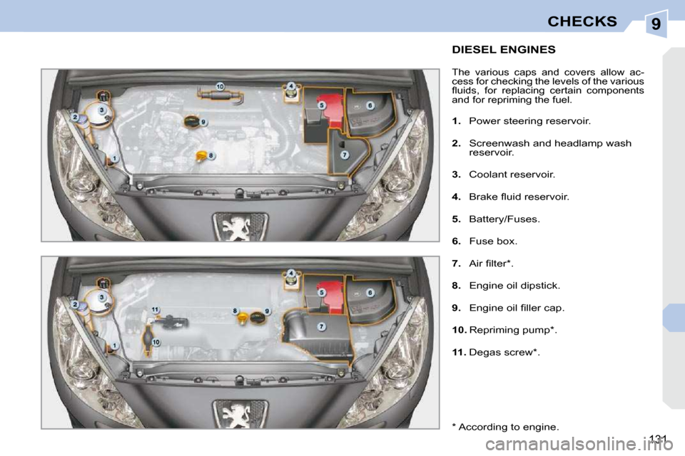 Peugeot 308 CC Dag 2009.5  Owners Manual 9
131
CHECKS
           DIESEL ENGINES 
 The  various  caps  and  covers  allow  ac- 
cess for checking the levels of the various 
�ﬂ� �u�i�d�s�,�  �f�o�r�  �r�e�p�l�a�c�i�n�g�  �c�e�r�t�a�i�n�  �c�