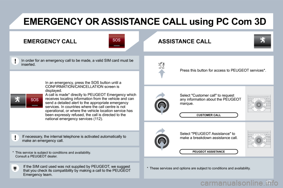 Peugeot 308 CC Dag 2009.5  Owners Manual 171
 In an emergency, press the SOS button until a CONFIRMATION/CANCELLATION screen is displayed.  A call is made *  directly to PEUGEOT Emergency which receives locating information from the vehicle 