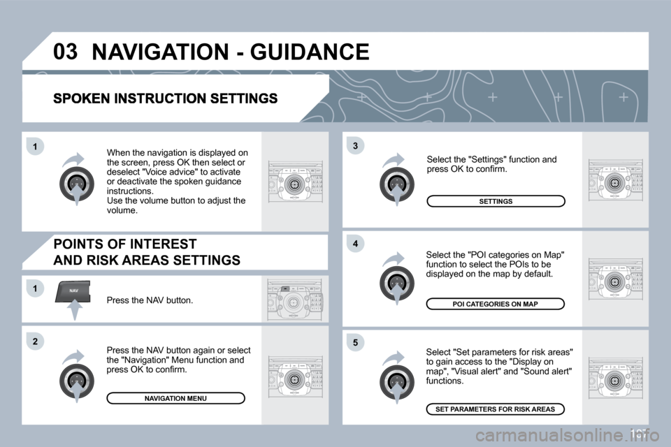 Peugeot 308 CC Dag 2009.5  Owners Manual 187
�0�3
�5
3
�4
NAV�1
�2
�1
 Select "Set parameters for risk areas" to gain access to the "Display on map", "Visual alert" and "Sound alert" functions. 
 Select the "POI categories on Map" function t