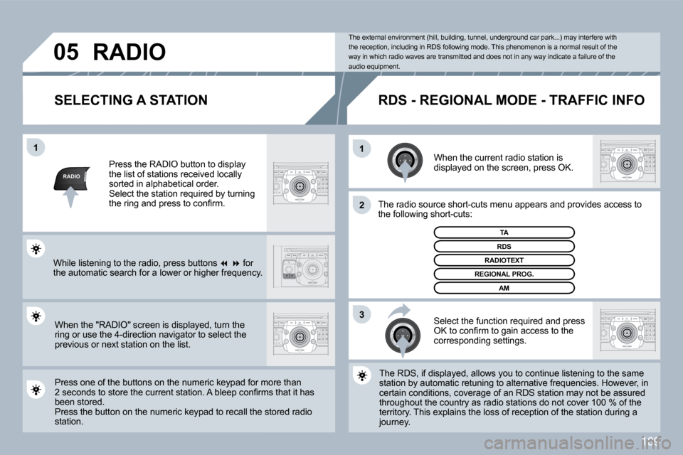 Peugeot 308 CC Dag 2009.5  Owners Manual 189
RADIO
�1�1
�2
3
�0�5
  SELECTING A STATION 
 When the current radio station is displayed on the screen, press OK. 
 The radio source short-cuts menu appears and providesovides access to �t�h�e� �f