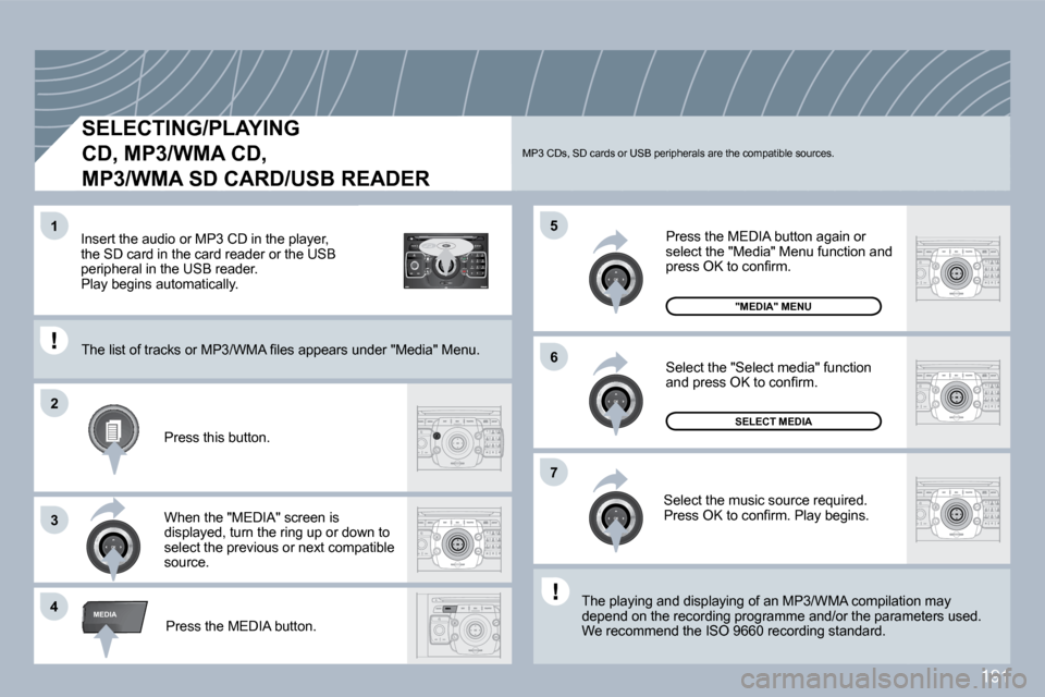 Peugeot 308 CC Dag 2009.5  Owners Manual 191
2
ABC 3
DEF
5
JKL
4
GHI 6
MNO
8
TUV
7
PQRS 9
WXYZ
0
* #
1
RADIO MEDIA
NAV ESC TRAFFIC
SETUP
ADDR BOOK
�4
�5
�6
�2
�7
3
�1
MEDIA
  SELECTING/PLAYING  
�C�D�,� �M�P�3�/�W�M�A� �C�D�,
MP3/WMA SD CARD