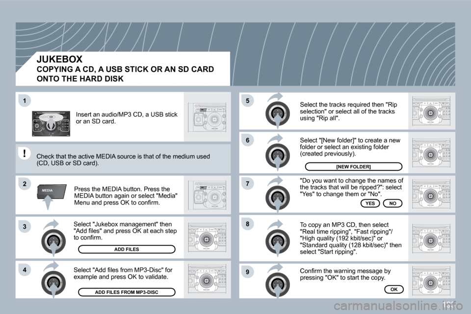 Peugeot 308 CC Dag 2009.5  Owners Manual 193
2
ABC 3
DEF
5
JKL
4
GHI 6
MNO
8
TUV
7
PQRS 9
WXYZ
0
* #
1
RADIO MEDIA
NAV ESC TRAFFIC
SETUP
ADDR BOOK
�1
�2
3
�4
�5
�6
�7
�8
�9
MEDIA
� �S�e�l�e�c�t� �"�J�u�k�e�b�o�x� �m�a�n�a�g�e�m�e�n�t�"� �t�h