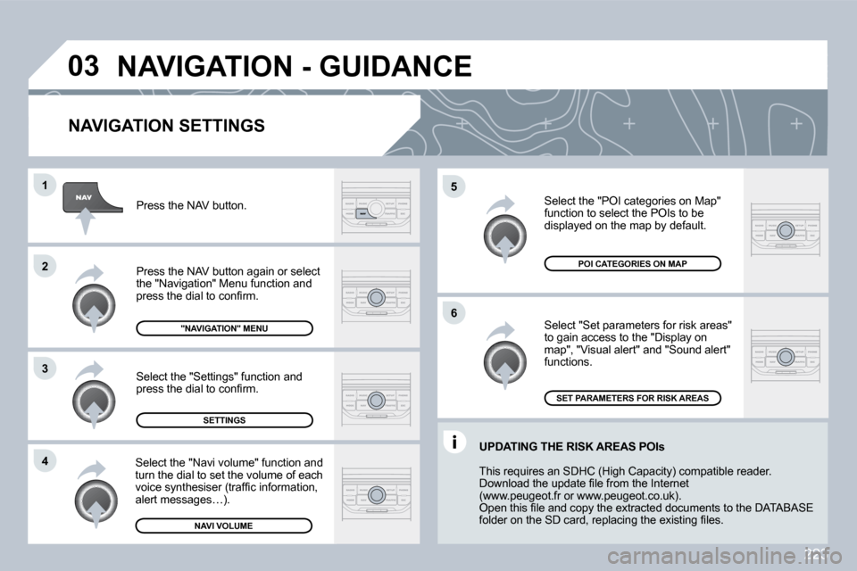 Peugeot 308 CC Dag 2009.5  Owners Manual 223
�0�3
�5 
�6
�3
�2
�1
�4
� � �N�A�V�I�G�A�T�I�O�N� �S�E�T�T�I�N�G�S� 
 Select "Set parameters for risk areas" �t�o� �g�a�i�n� �a�c�c�e�s�s� �t�o� �t�h�e� �"�D�i�s�p�l�a�y� �o�n� map", "Visual alert