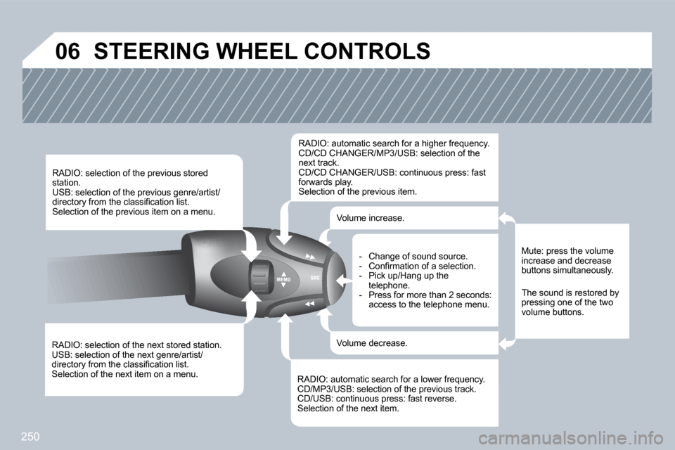 Peugeot 308 CC Dag 2009.5  Owners Manual �2�5�0
�0�6
� � �R�A�D�I�O�:� �s�e�l�e�c�t�i�o�n� �o�f� �t�h�e� �n�e�x�t� �s�t�o�r�e�d� �s�t�a�t�i�o�n�.� � �U�S�B�:� �s�e�l�e�c�t�i�o�n� �o�f� �t�h�e� �n�e�x�t� �g�e�n�r�e�/�a�r�t�i�s�t�/�d�i�r�e�c�t