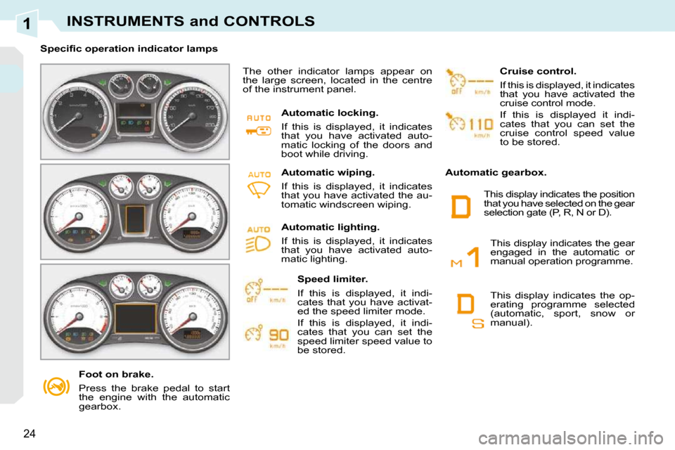 Peugeot 308 CC Dag 2009.5  Owners Manual 1
24
INSTRUMENTS and CONTROLS
   Foot on brake.  
 Press  the  brake  pedal  to  start  
the  engine  with  the  automatic 
gearbox.   
� � � �S�p�e�c�i�ﬁ� �c� �o�p�e�r�a�t�i�o�n� �i�n�d�i�c�a�t�o�r