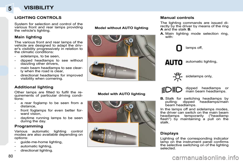 Peugeot 308 CC Dag 2009.5 Repair Manual 5
80
VISIBILITY
           LIGHTING CONTROLS 
 System  for  selection  and  control  of  the  
various  front  and  rear  lamps  providing 
the vehicles lighting.  
  Main lighting  
 The various fro