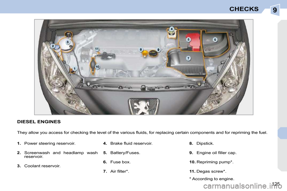 Peugeot 308 CC Dag 2009  Owners Manual 9
125
CHECKS
           DIESEL ENGINES 
� �T�h�e�y� �a�l�l�o�w� �y�o�u� �a�c�c�e�s�s� �f�o�r� �c�h�e�c�k�i�n�g� �t�h�e� �l�e�v�e�l� �o�f� �t�h�e� �v�a�r�i�o�u�s� �ﬂ� �u�i�d�s�,� �f�o�r� �r�e�p�l�a�c