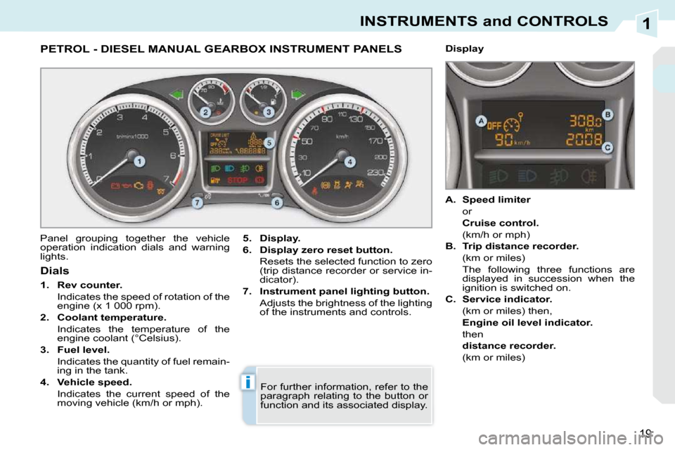 Peugeot 308 CC Dag 2009  Owners Manual 1
i
19
INSTRUMENTS and CONTROLS
             PETROL - DIESEL MANUAL GEARBOX INSTRUMENT PANELS 
 Panel  grouping  together  the  vehicle  
operation  indication  dials  and  warning 
lights.   
5.     