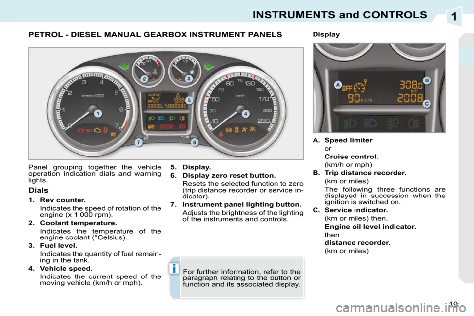Peugeot 308 CC Dag 2009 User Guide 1
i
19
INSTRUMENTS and CONTROLS
             PETROL - DIESEL MANUAL GEARBOX INSTRUMENT PANELS 
 Panel  grouping  together  the  vehicle  
operation  indication  dials  and  warning 
lights.   
5.     