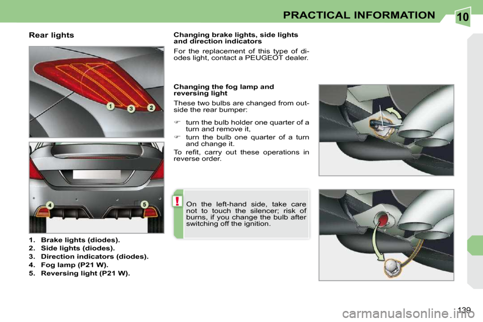 Peugeot 308 CC Dag 2009  Owners Manual 10
!
139
PRACTICAL INFORMATION
  Rear lights  
   
1.     Brake lights (diodes).   
  
2.     Side lights (diodes).   
  
3.     Direction indicators (diodes).   
  
4.     Fog lamp (P21 W).   
  
5. 