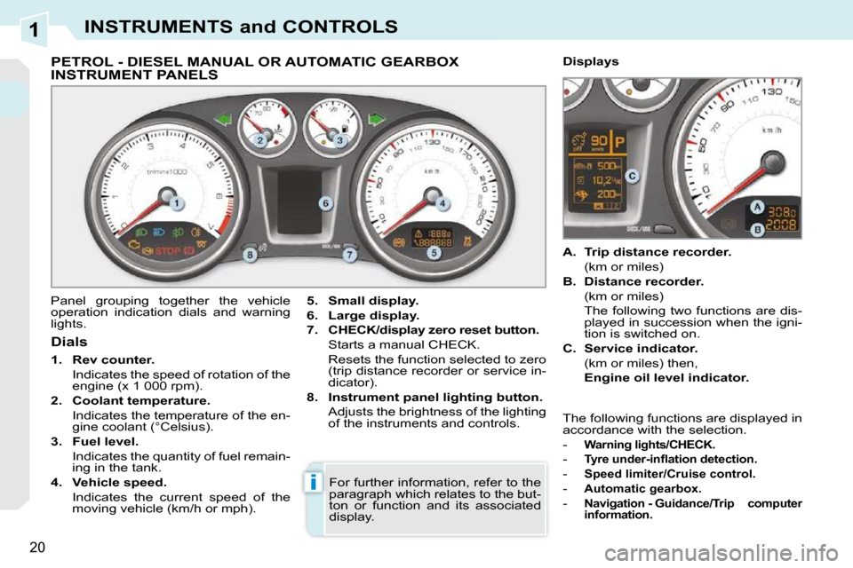 Peugeot 308 CC Dag 2009  Owners Manual 1
i
20
INSTRUMENTS and CONTROLS
             PETROL - DIESEL MANUAL OR AUTOMATIC GEARBOX INSTRUMENT PANELS 
 Panel  grouping  together  the  vehicle  
operation  indication  dials  and  warning 
light