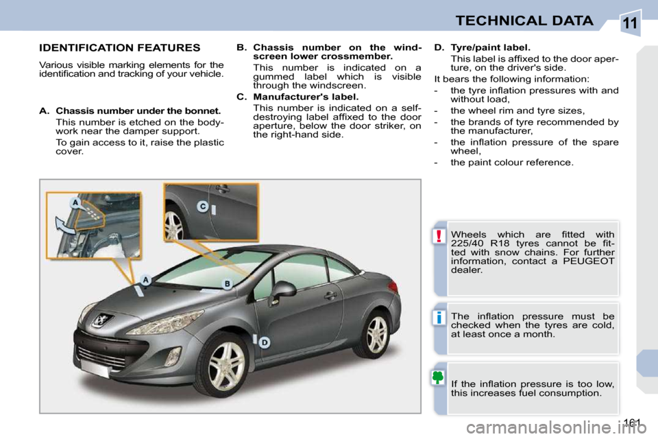 Peugeot 308 CC Dag 2009  Owners Manual 11
!
i
161
TECHNICAL DATA
                   IDENTIFICATION FEATURES 
 Various  visible  marking  elements  for  the  
�i�d�e�n�t�i�ﬁ� �c�a�t�i�o�n� �a�n�d� �t�r�a�c�k�i�n�g� �o�f� �y�o�u�r� �v�e�h�