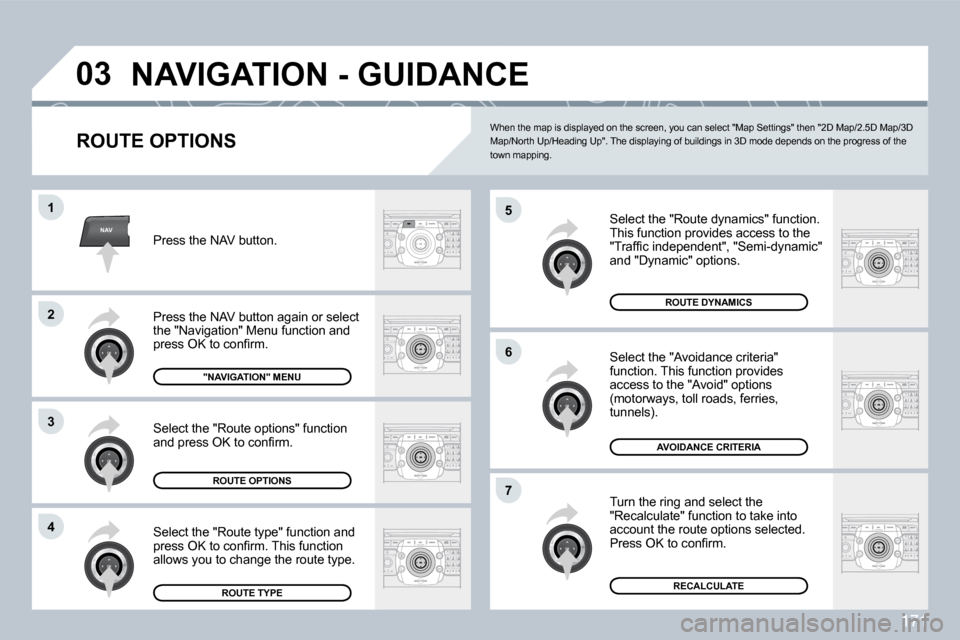 Peugeot 308 CC Dag 2009  Owners Manual 171
NAV
�0�3
�5
�6
�7
�1
�2
3
�4
� �N�A�V�I�G�A�T�I�O�N� �-� �G�U�I�D�A�N�C�E� 
  ROUTE OPTIONS 
 Select the "Route dynamics" function.  This function provides access to the �"�T�r�a�f�ﬁ� �c� �i�n�d