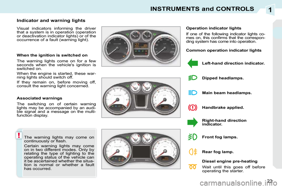Peugeot 308 CC Dag 2009 User Guide 1
!
23
INSTRUMENTS and CONTROLS
 The  warning  lights  may  come  on �c�o�n�t�i�n�u�o�u�s�l�y� �o�r� �ﬂ� �a�s�h�.� 
 Certain  warning  lights  may  come on  in  two  different  modes.  Only  by rela