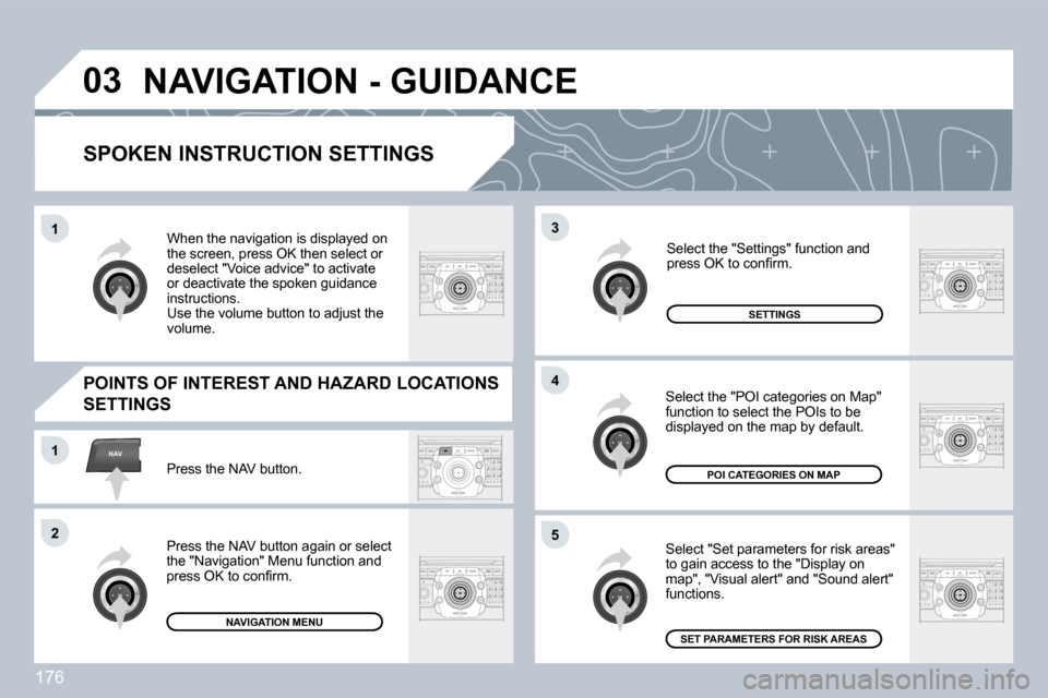 Peugeot 308 CC Dag 2009  Owners Manual 176
�0�3
�5
3
�4
NAV�1
�2
�1
  SPOKEN INSTRUCTION SETTINGS 
 Select "Set parameters for risk areas" �t�o� �g�a�i�n� �a�c�c�e�s�s� �t�o� �t�h�e� �"�D�i�s�p�l�a�y� �o�n� map", "Visual alert" and "Sound 
