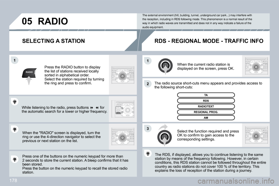 Peugeot 308 CC Dag 2009  Owners Manual 178
RADIO
�1�1
�2
3
�0�5
  SELECTING A STATION 
 When the current radio station is displayed on the screen, press OK. 
 The radio source short-cuts menu appears and providesovides access to �t�h�e� �f