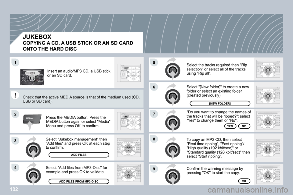 Peugeot 308 CC Dag 2009  Owners Manual 182
2
ABC 3
DEF
5
JKL
4
GHI 6
MNO
8
TUV
7
PQRS 9
WXYZ
0
* #
1
RADIO MEDIA
NAV ESC TRAFFIC
SETUP
ADDR BOOK
�1
�2
3
�4
�5
�6
�7
�8
�9
MEDIA
� �S�e�l�e�c�t� �"�J�u�k�e�b�o�x� �m�a�n�a�g�e�m�e�n�t�"� �t�h