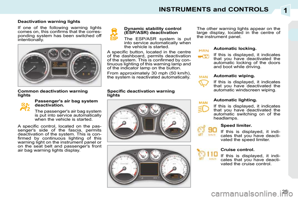 Peugeot 308 CC Dag 2009 Owners Guide 1
25
INSTRUMENTS and CONTROLS
   Deactivation warning lights  
 If  one  of  the  following  warning  lights  
�c�o�m�e�s� �o�n�,� �t�h�i�s� �c�o�n�ﬁ� �r�m�s� �t�h�a�t� �t�h�e� �c�o�r�r�e�s�-
pondin