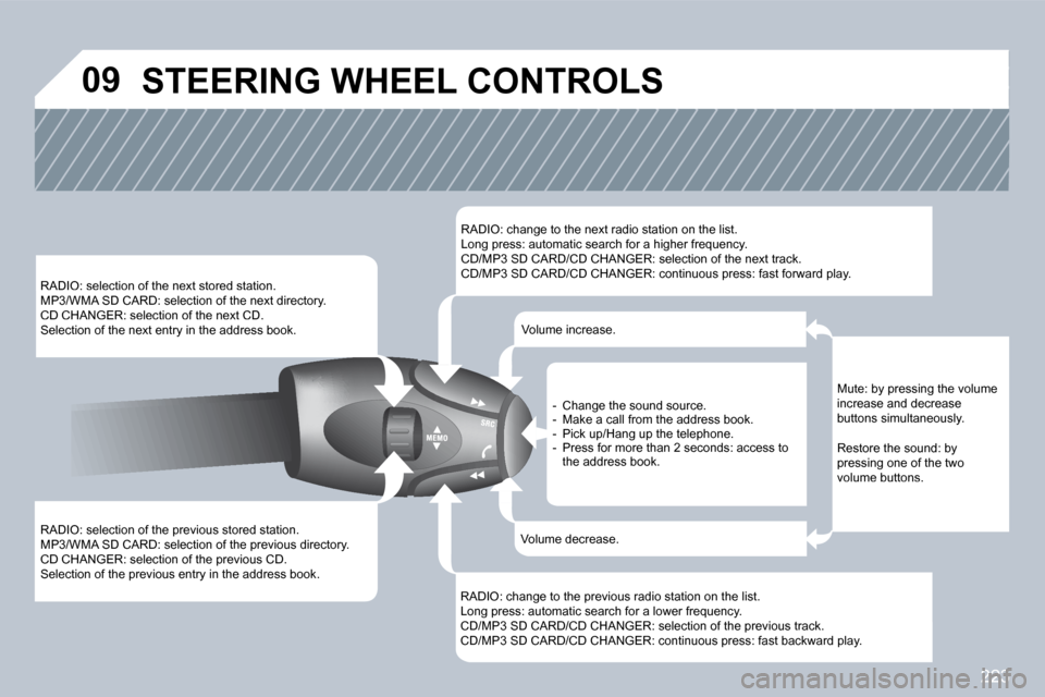 Peugeot 308 CC Dag 2009  Owners Manual 223
�0�9
� �R�A�D�I�O�:� �s�e�l�e�c�t�i�o�n� �o�f� �t�h�e� �p�r�e�v�i�o�u�s� �s�t�o�r�e�d� �s�t�a�t�i�o�n�.� � �M�P�3�/�W�M�A� �S�D� �C�A�R�D�:� �s�e�l�e�c�t�i�o�n� �o�f� �t�h�e� �p�r�e�v�i�o�u�s� �d�