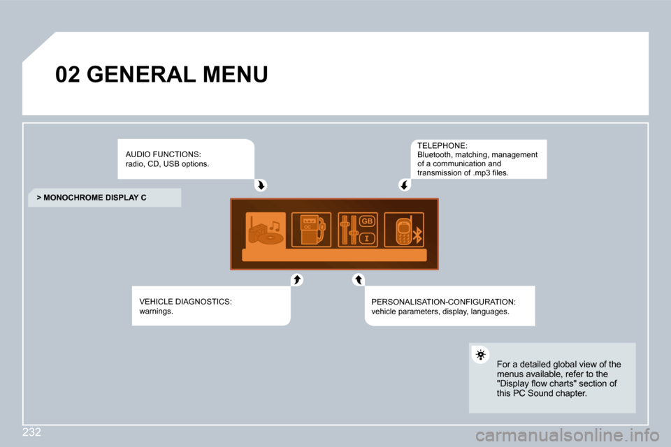 Peugeot 308 CC Dag 2009  Owners Manual 232
02       GENERAL MENU  
 AUDIO FUNCTIONS: radio, CD, USB options. 
 VEHICLE DIAGNOSTICS: �w�a�r�n�i�n�g�s�.� � 
TELEPHONE: �B�l�u�e�t�o�o�t�h�,� �m�a�t�c�h�i�n�g�,� �m�a�n�a�g�e�m�e�n�t� of a comm